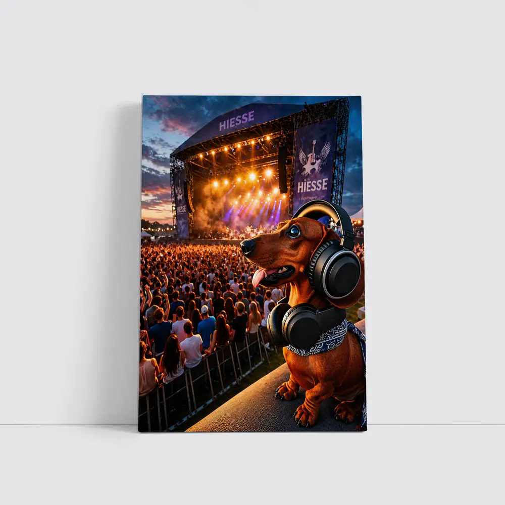 Dachshund With Headphones At Music Festival – Wall Art