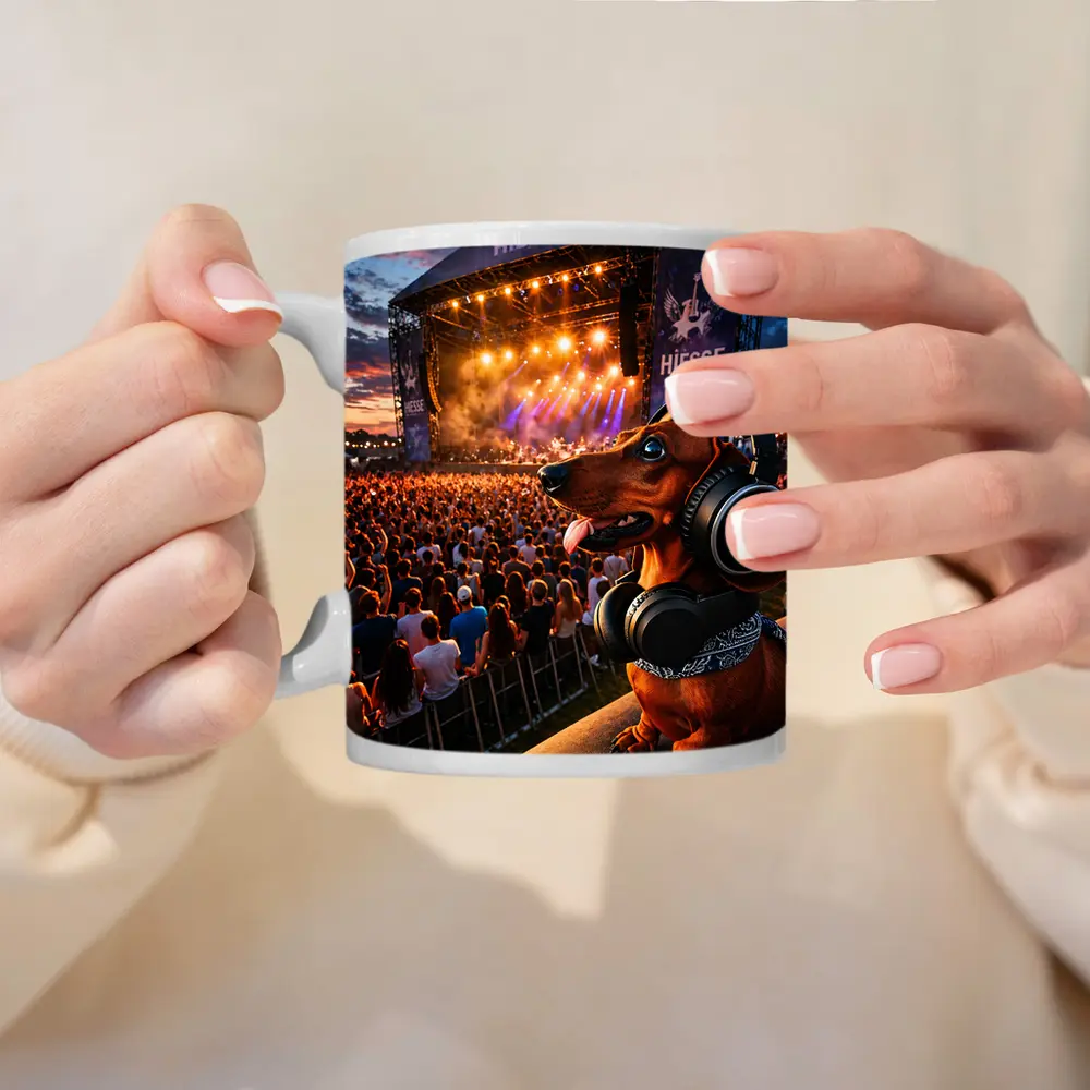 Dachshund With Headphones At Music Festival – Mugs