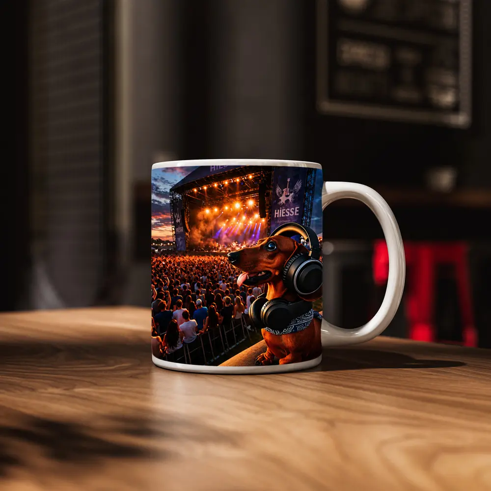 Dachshund With Headphones At Music Festival – Mugs