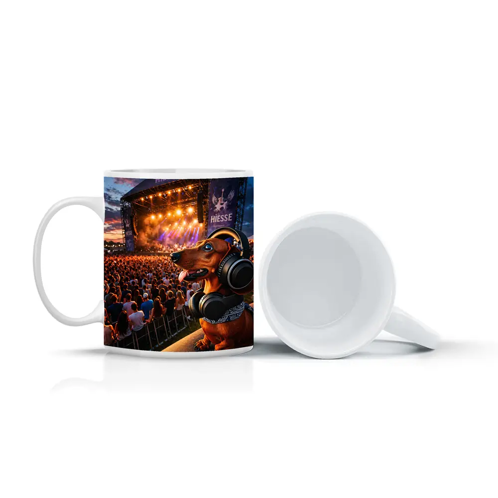 Dachshund With Headphones At Music Festival – Mugs