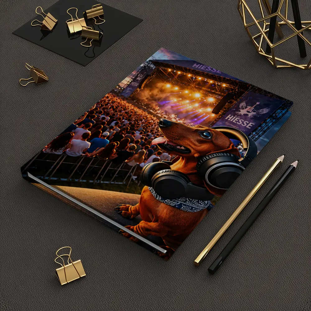 Dachshund With Headphones At Music Festival – Notebooks