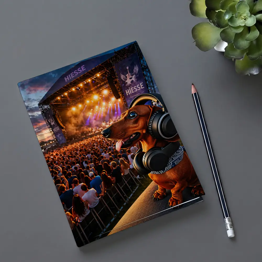Dachshund With Headphones At Music Festival – Notebooks