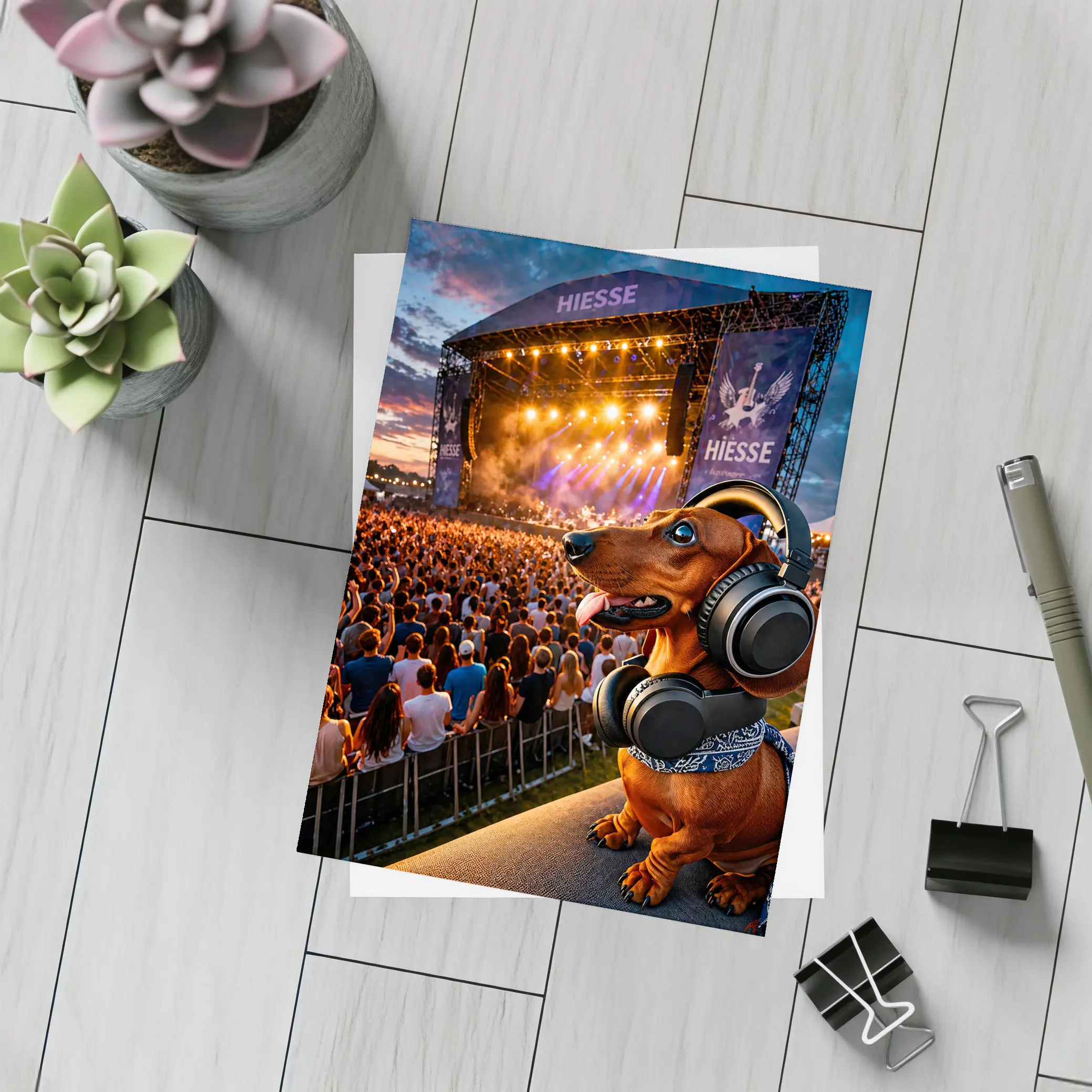 Dachshund With Headphones At Music Festival – Postcards