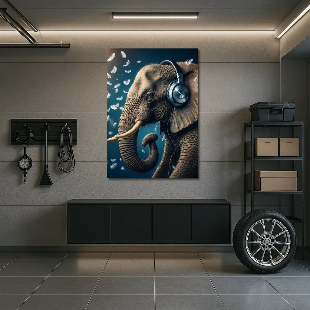Elephant Wearing Headphones With Flying Feathers – Wall Art
