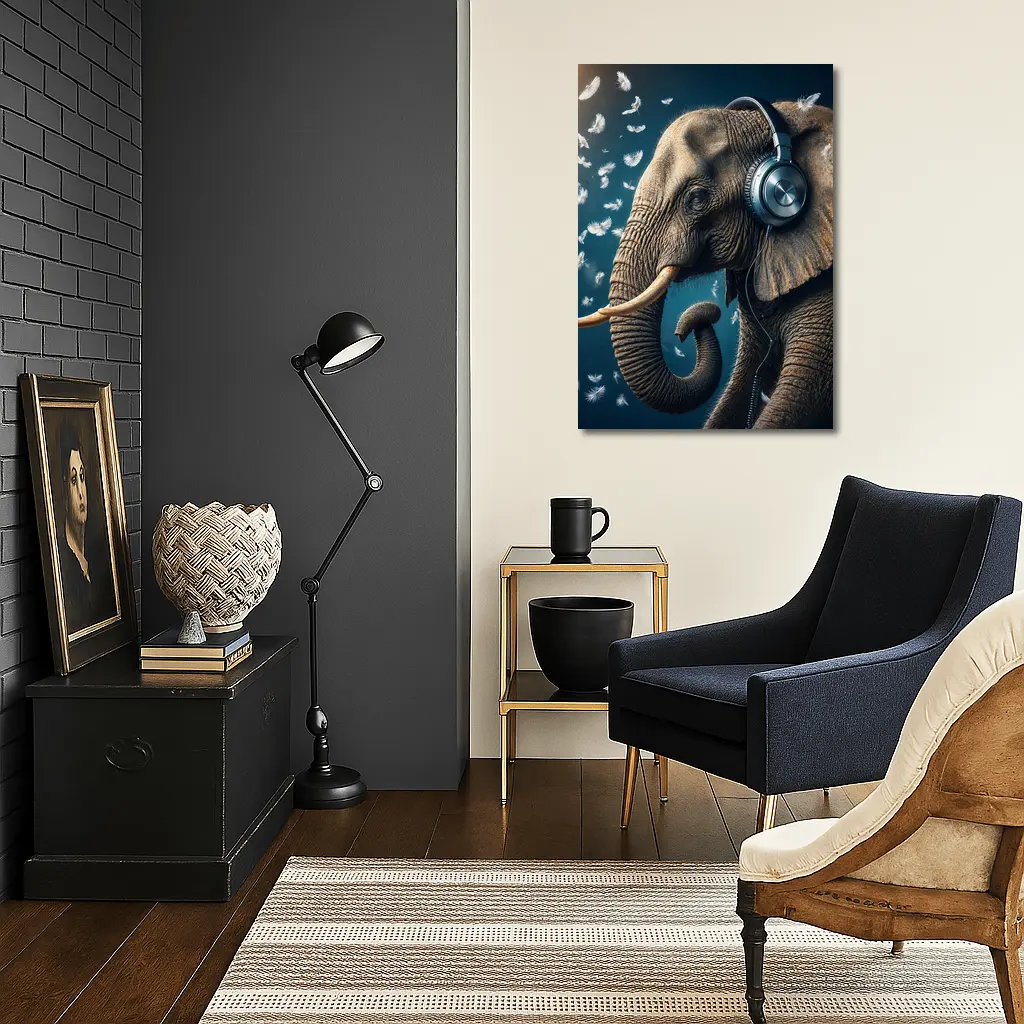 Elephant Wearing Headphones With Flying Feathers – Wall Art