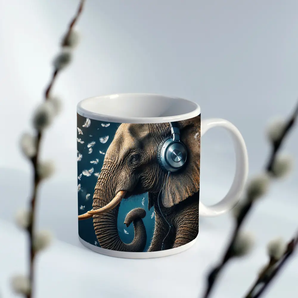 Elephant Wearing Headphones With Flying Feathers – Mugs