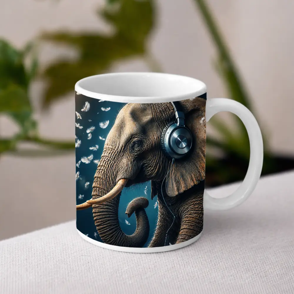 Elephant Wearing Headphones With Flying Feathers – Mugs