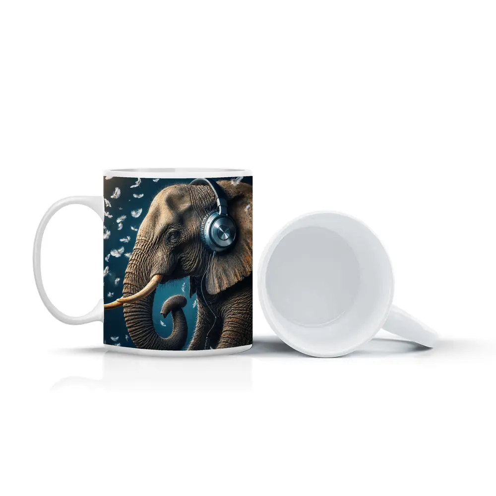 Elephant Wearing Headphones With Flying Feathers – Mugs