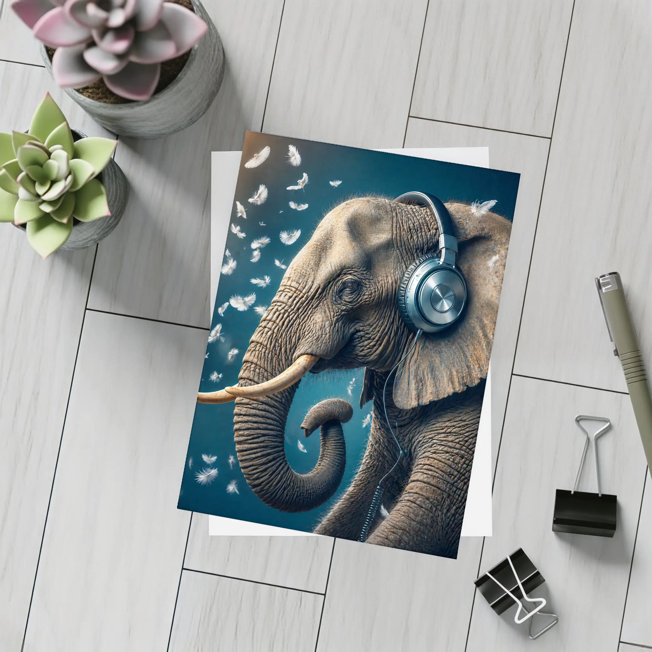 Elephant Wearing Headphones With Flying Feathers – Postcards