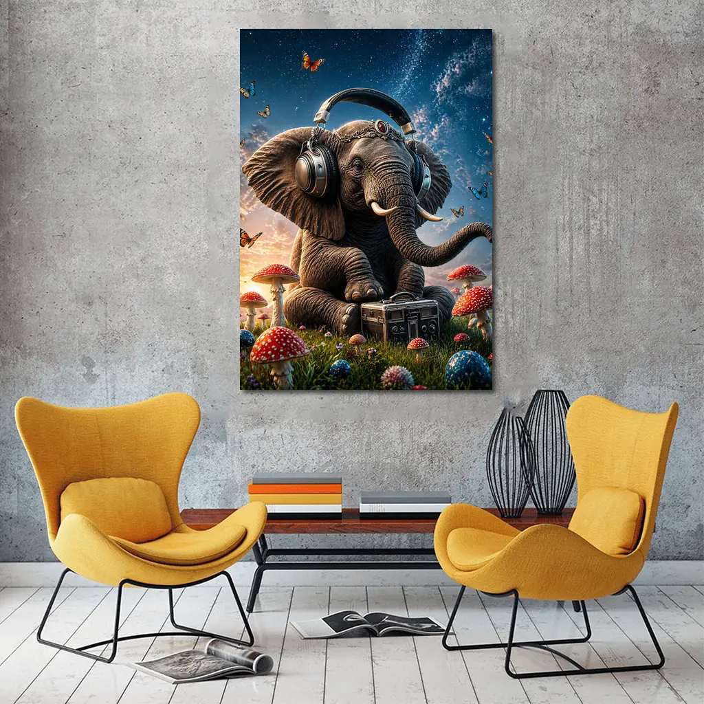 Elephant With Headphones Mushrooms Starry Sky – Wall Art