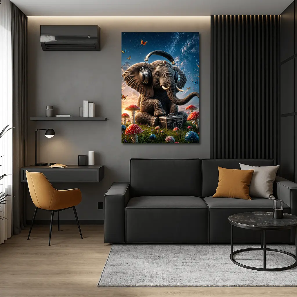 Elephant With Headphones Mushrooms Starry Sky – Wall Art