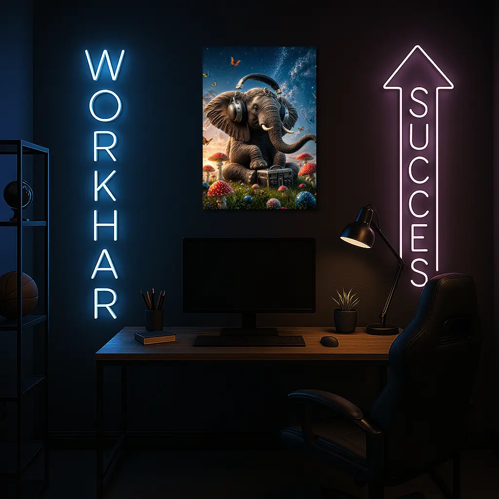 Elephant With Headphones Mushrooms Starry Sky – Wall Art