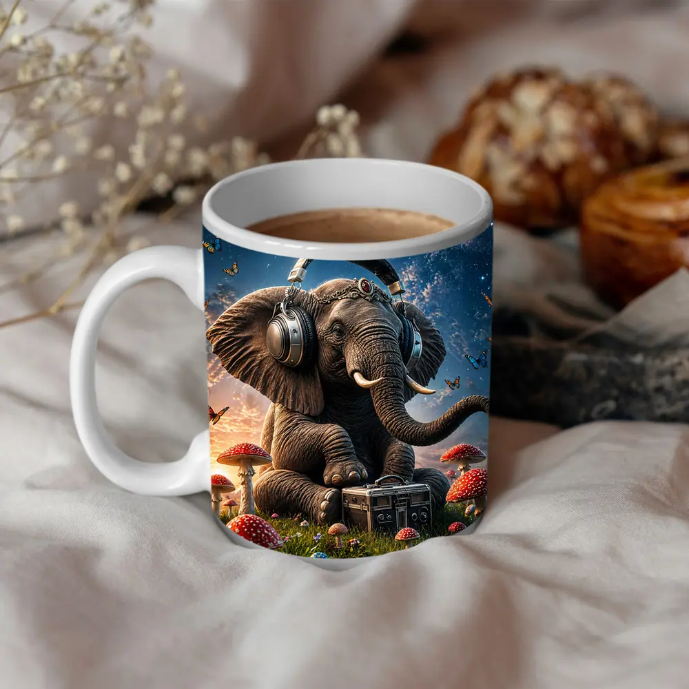 Elephant With Headphones Mushrooms Starry Sky – Mugs