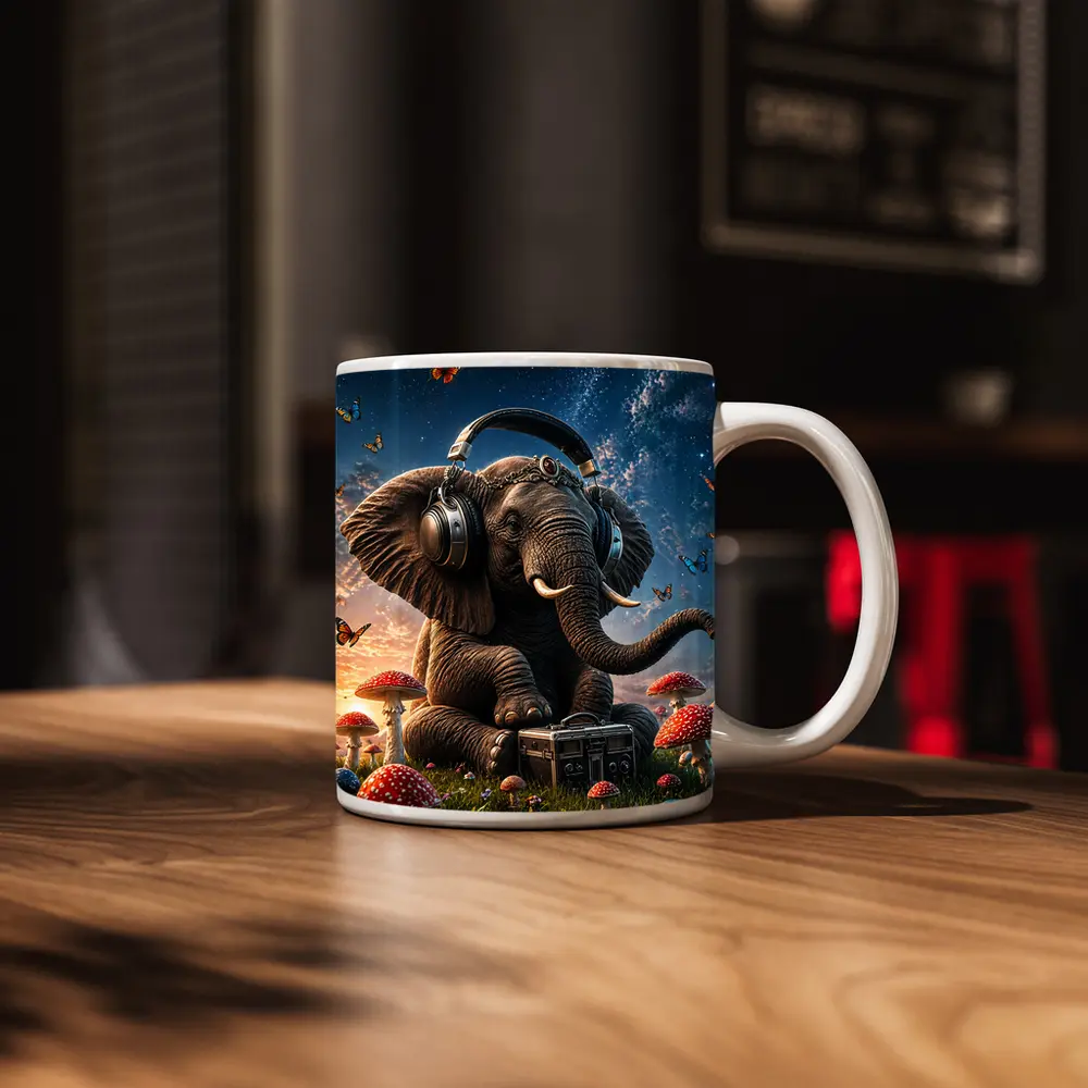 Elephant With Headphones Mushrooms Starry Sky – Mugs