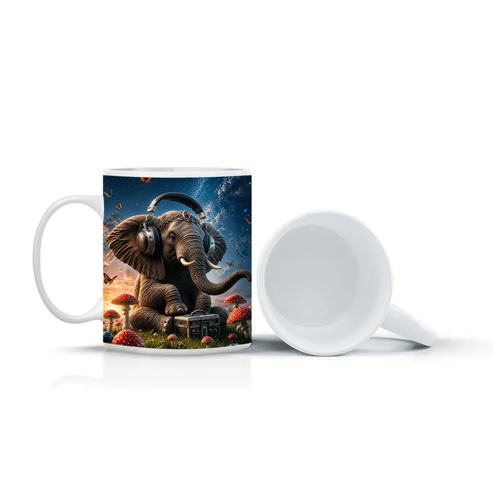Elephant With Headphones Mushrooms Starry Sky – Mugs