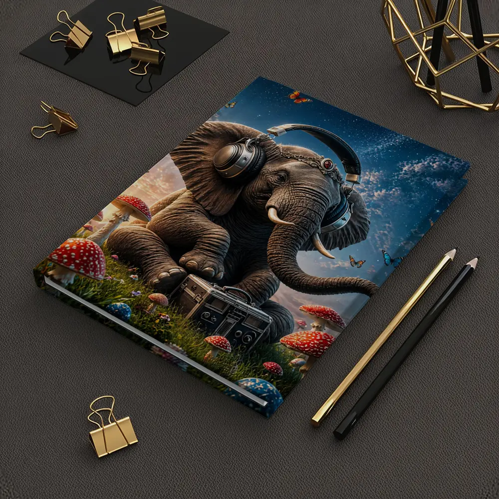 Elephant With Headphones Mushrooms Starry Sky – Notebooks