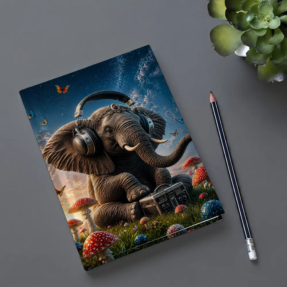 Elephant With Headphones Mushrooms Starry Sky – Notebooks