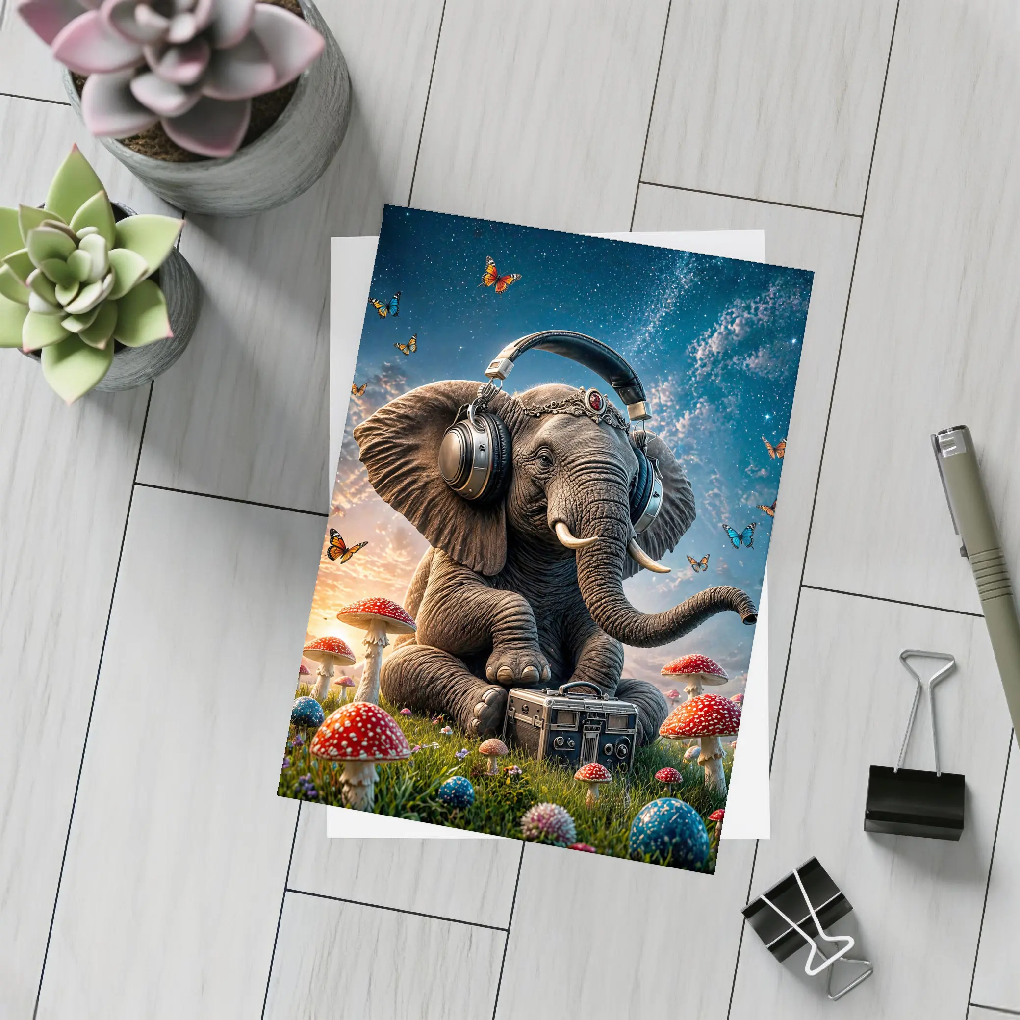 Elephant With Headphones Mushrooms Starry Sky – Postcards