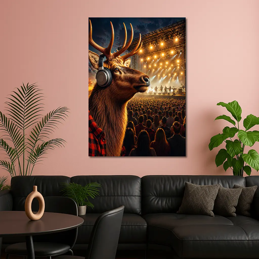 Elk Wearing Headphones at Music Festival – Wall Art