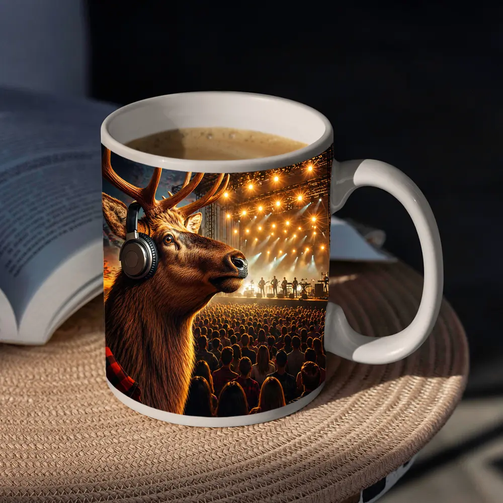 Elk Wearing Headphones at Music Festival – Mugs