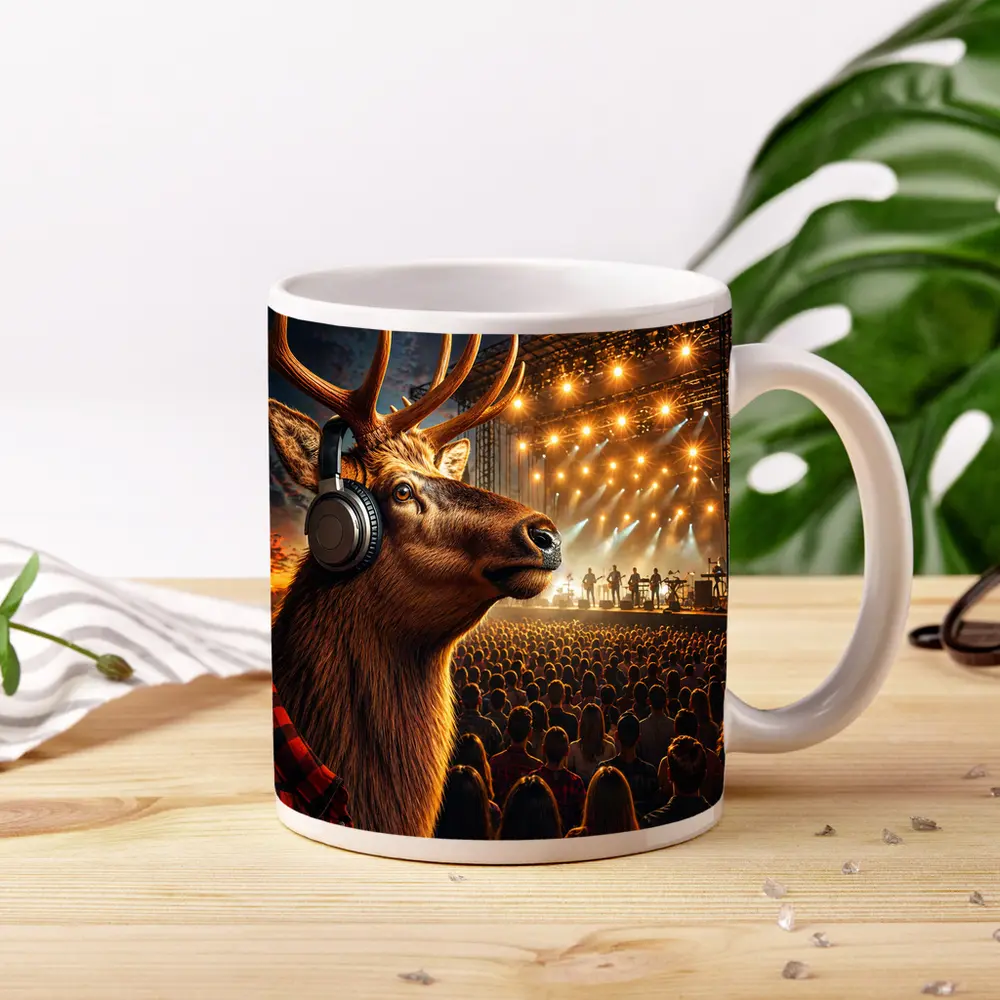 Elk Wearing Headphones at Music Festival – Mugs