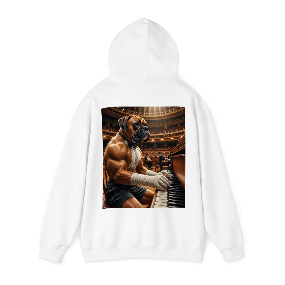 Boxer Dog Playing Piano Concert Hall – Hoodies