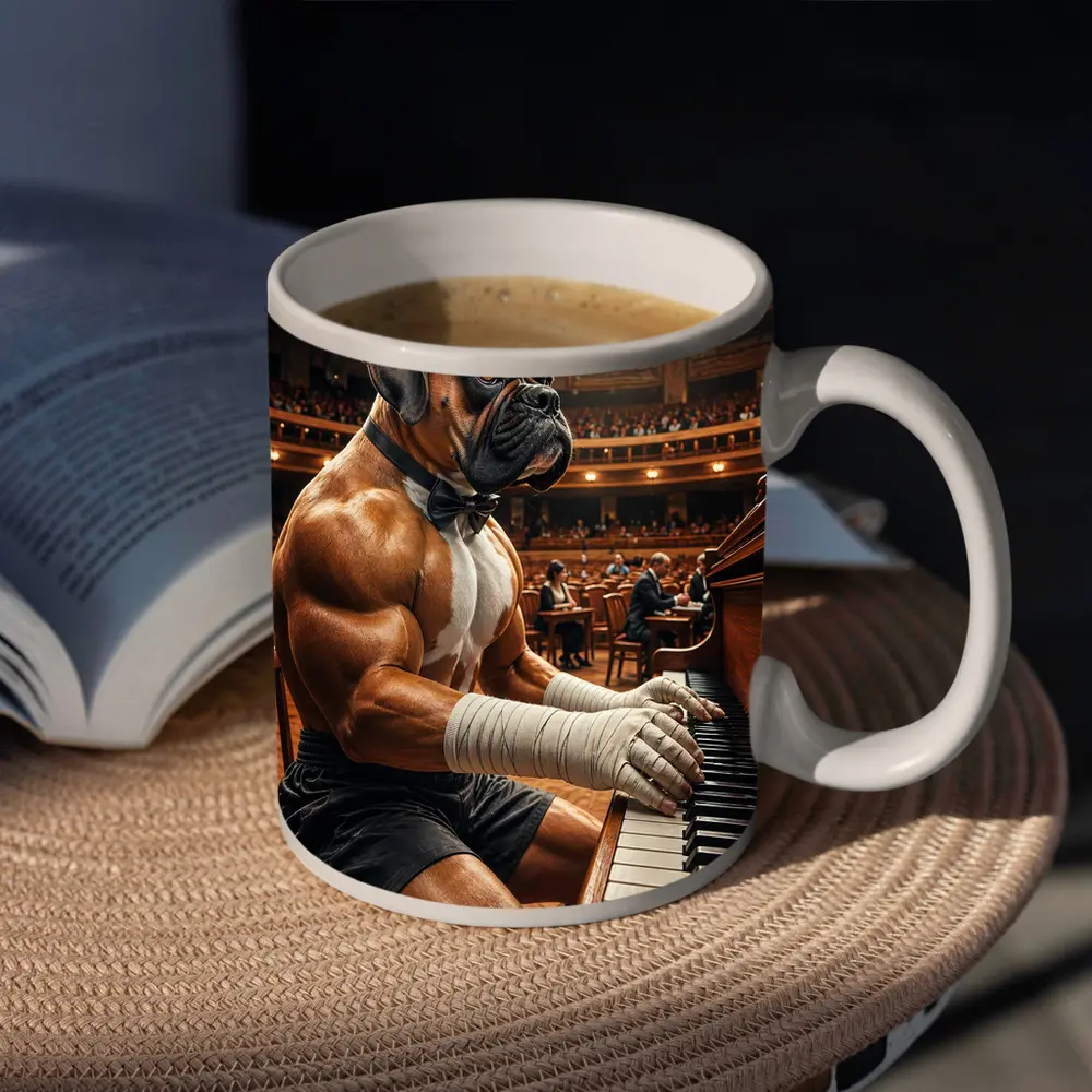 Boxer Dog Playing Piano Concert Hall – Mugs