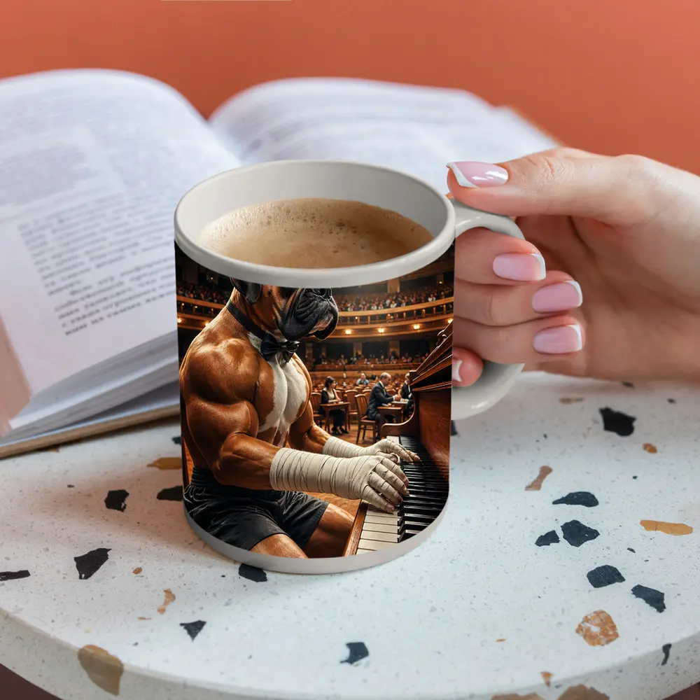Boxer Dog Playing Piano Concert Hall – Mugs