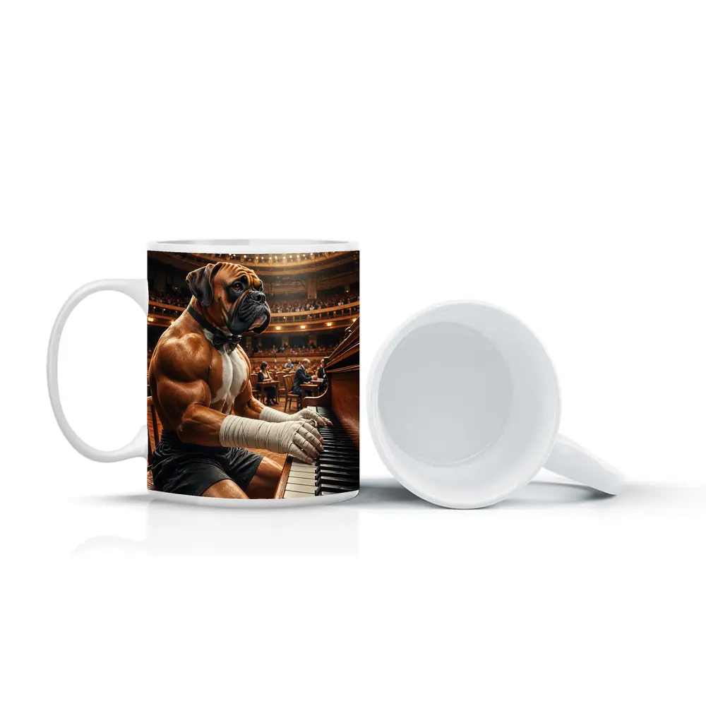 Boxer Dog Playing Piano Concert Hall – Mugs