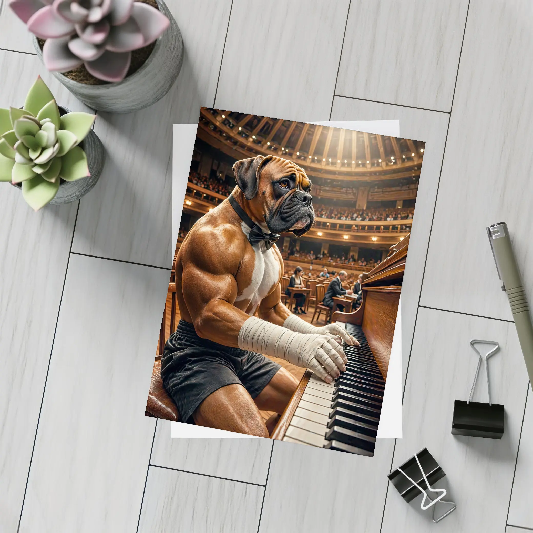 Boxer Dog Playing Piano Concert Hall – Postcards