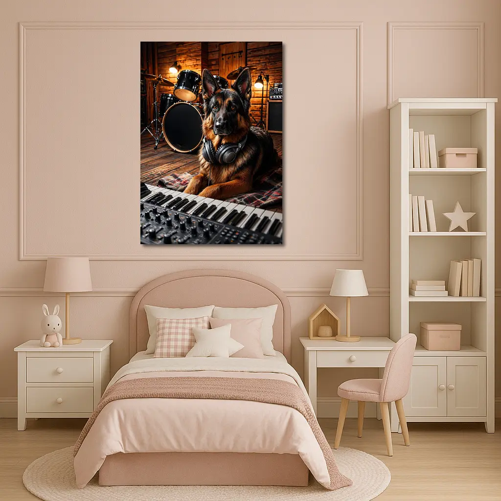 German Shepherd With Headphones in Music Studio – Wall Art