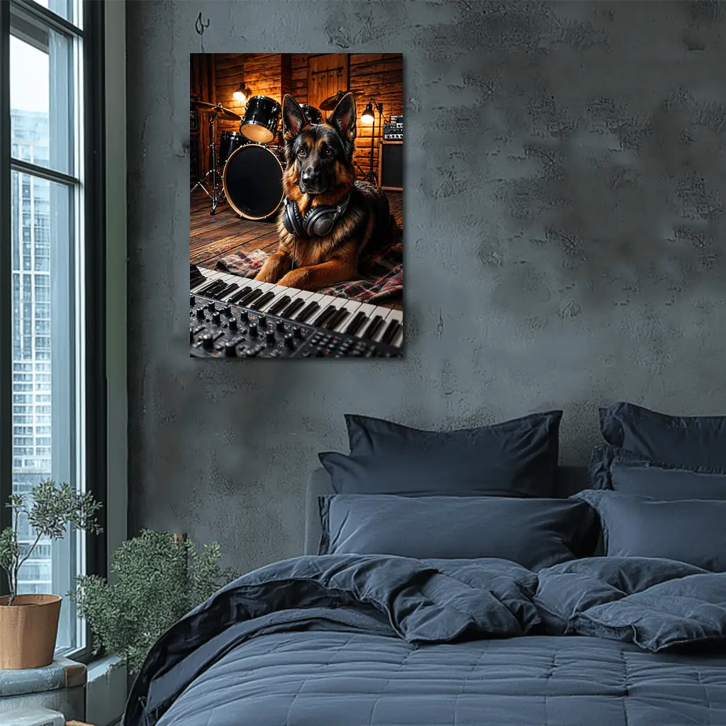German Shepherd With Headphones in Music Studio – Wall Art