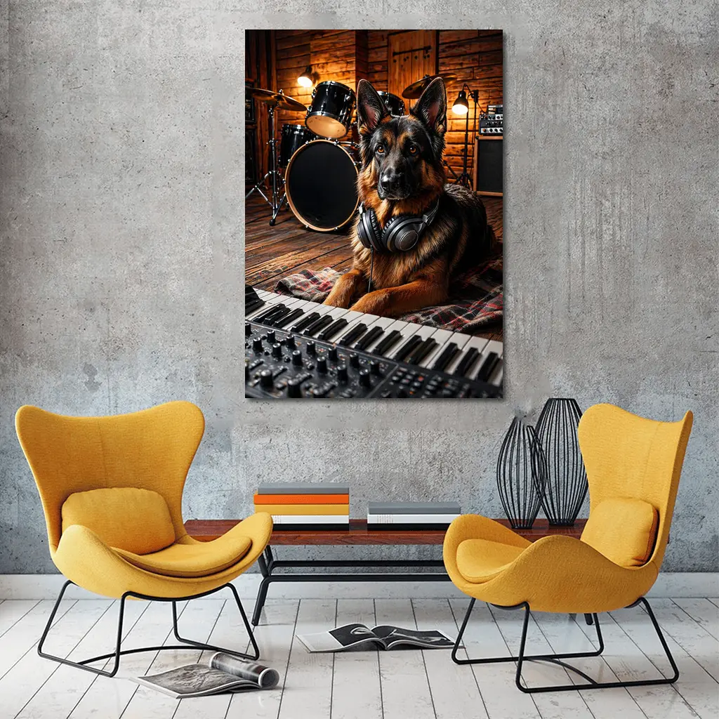 German Shepherd With Headphones in Music Studio – Wall Art