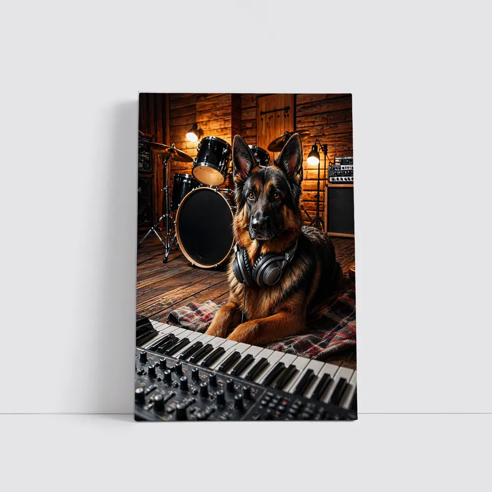 German Shepherd With Headphones in Music Studio – Wall Art