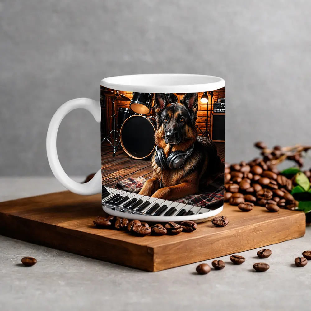 German Shepherd With Headphones in Music Studio – Mugs
