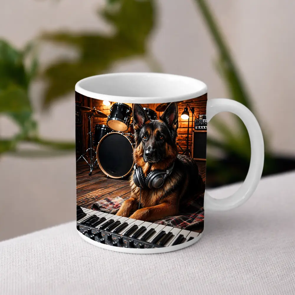German Shepherd With Headphones in Music Studio – Mugs