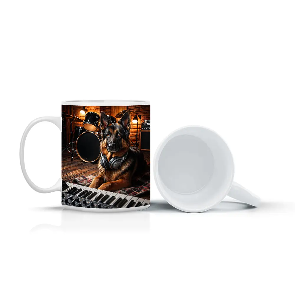 German Shepherd With Headphones in Music Studio – Mugs