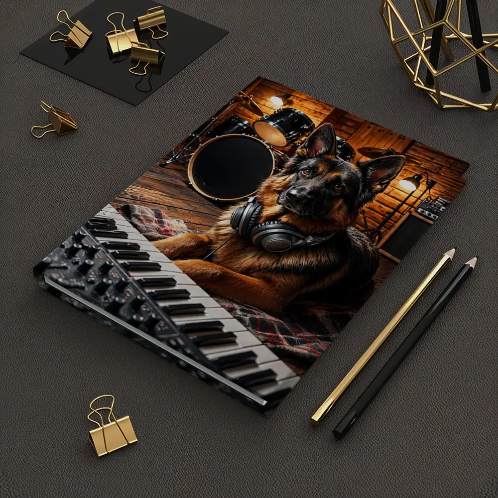 German Shepherd With Headphones in Music Studio – Notebooks