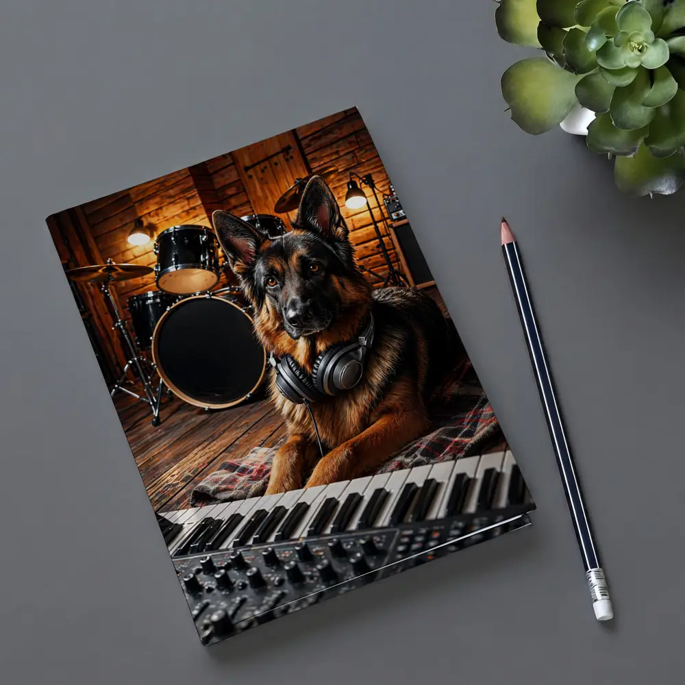 German Shepherd With Headphones in Music Studio – Notebooks