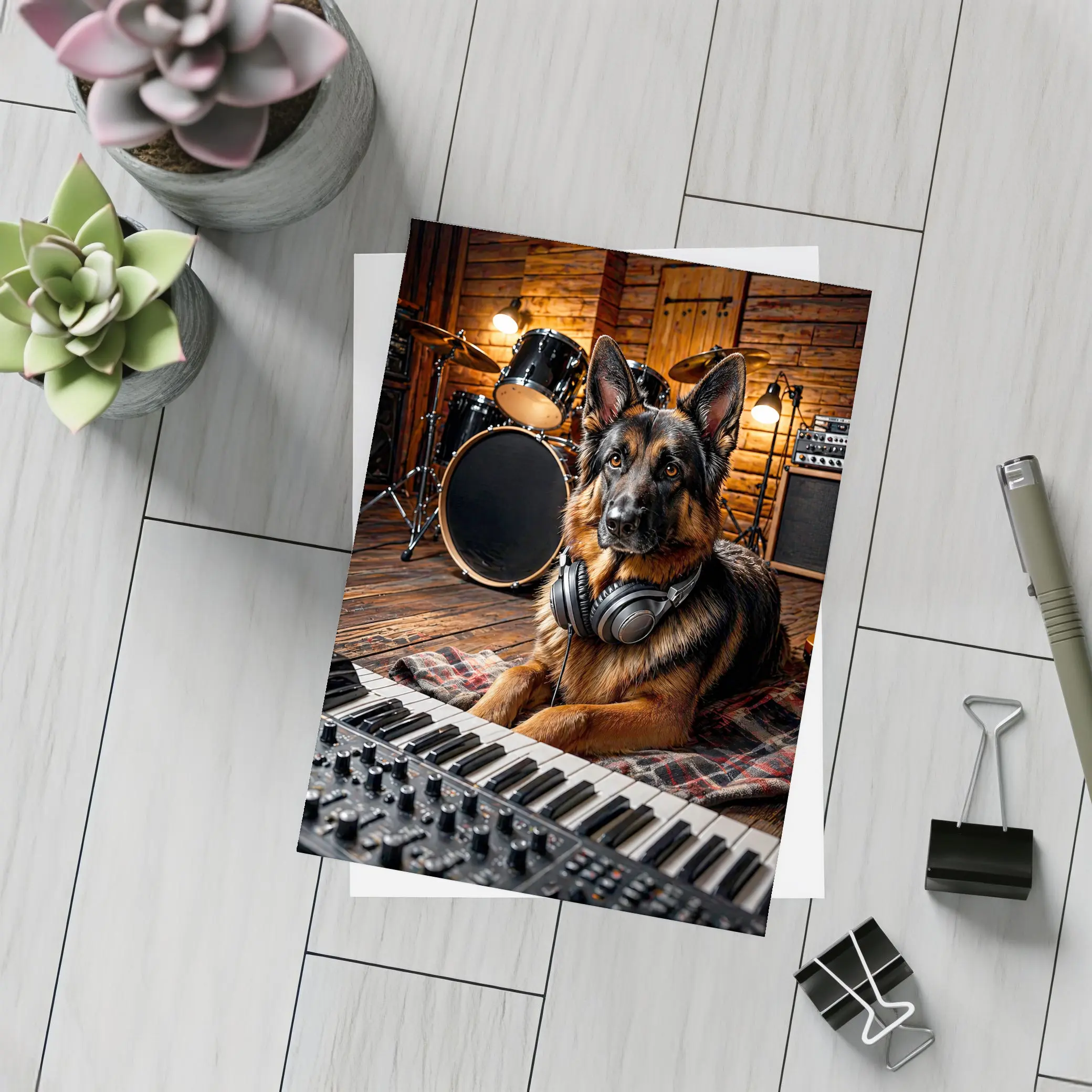 German Shepherd With Headphones in Music Studio – Postcards