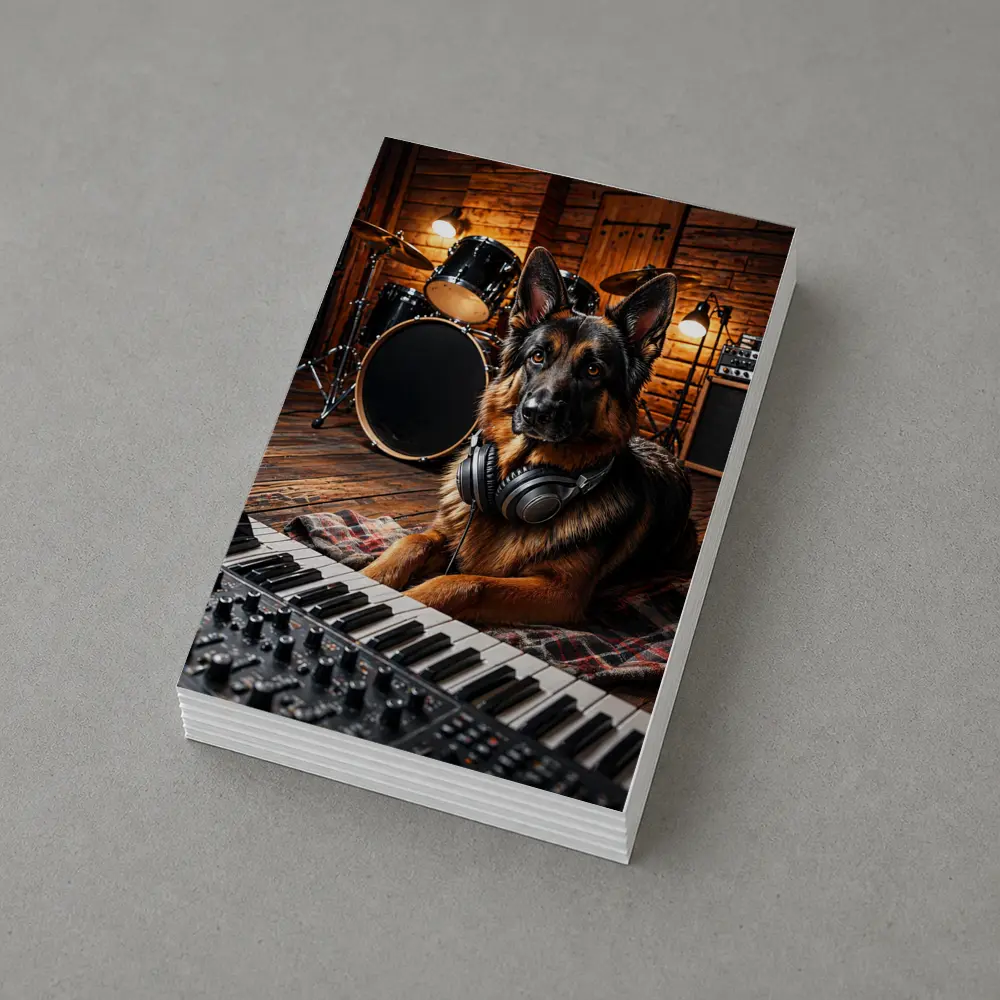 German Shepherd With Headphones in Music Studio – Postcards