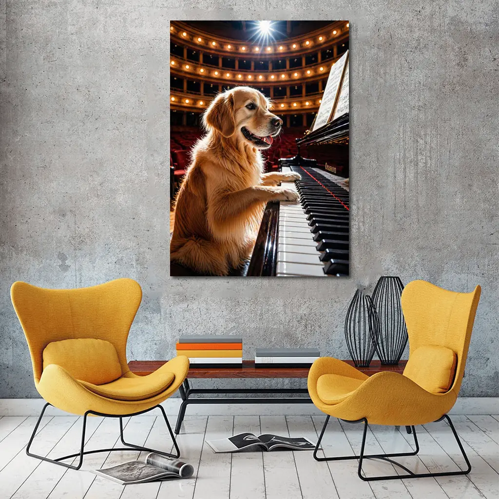 Golden Retriever Playing Piano Concert Hall – Wall Art