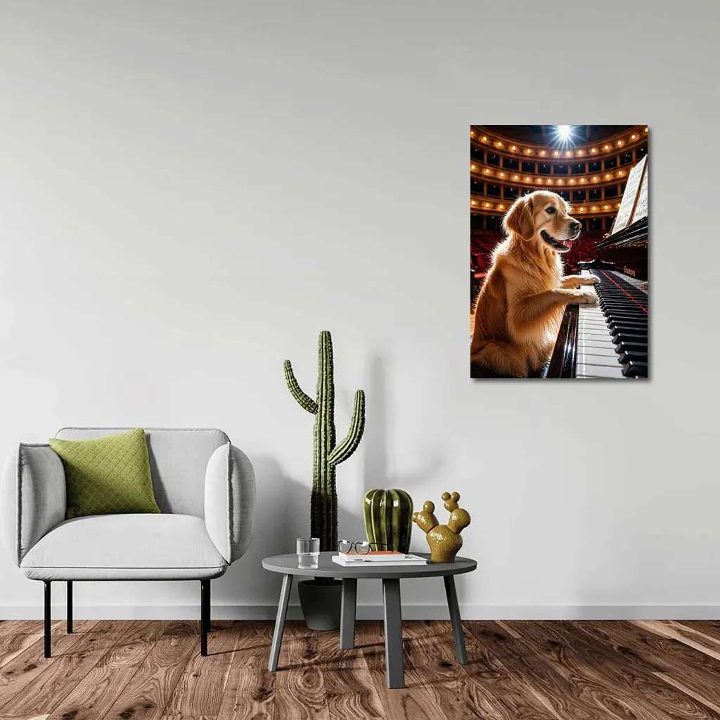 Golden Retriever Playing Piano Concert Hall – Wall Art