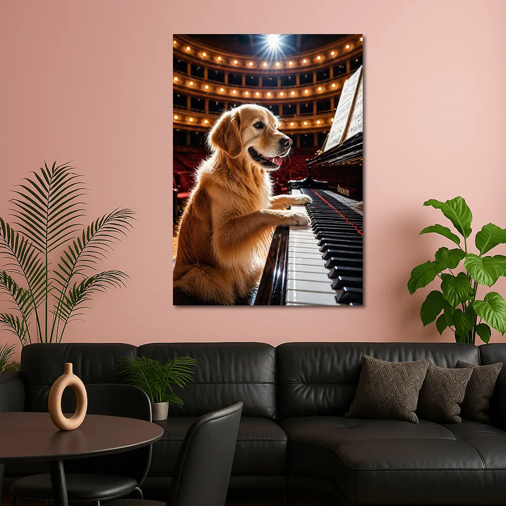 Golden Retriever Playing Piano Concert Hall – Wall Art