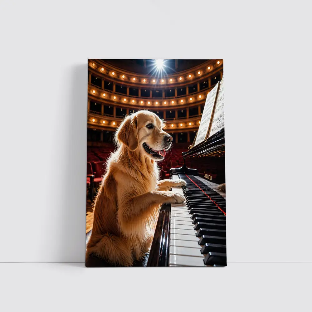 Golden Retriever Playing Piano Concert Hall – Wall Art