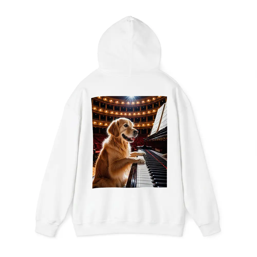 Golden Retriever Playing Piano Concert Hall – Hoodies
