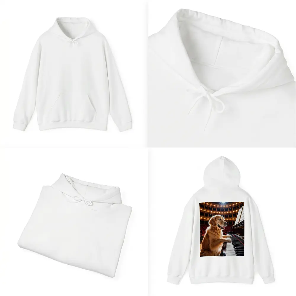 Golden Retriever Playing Piano Concert Hall – Hoodies
