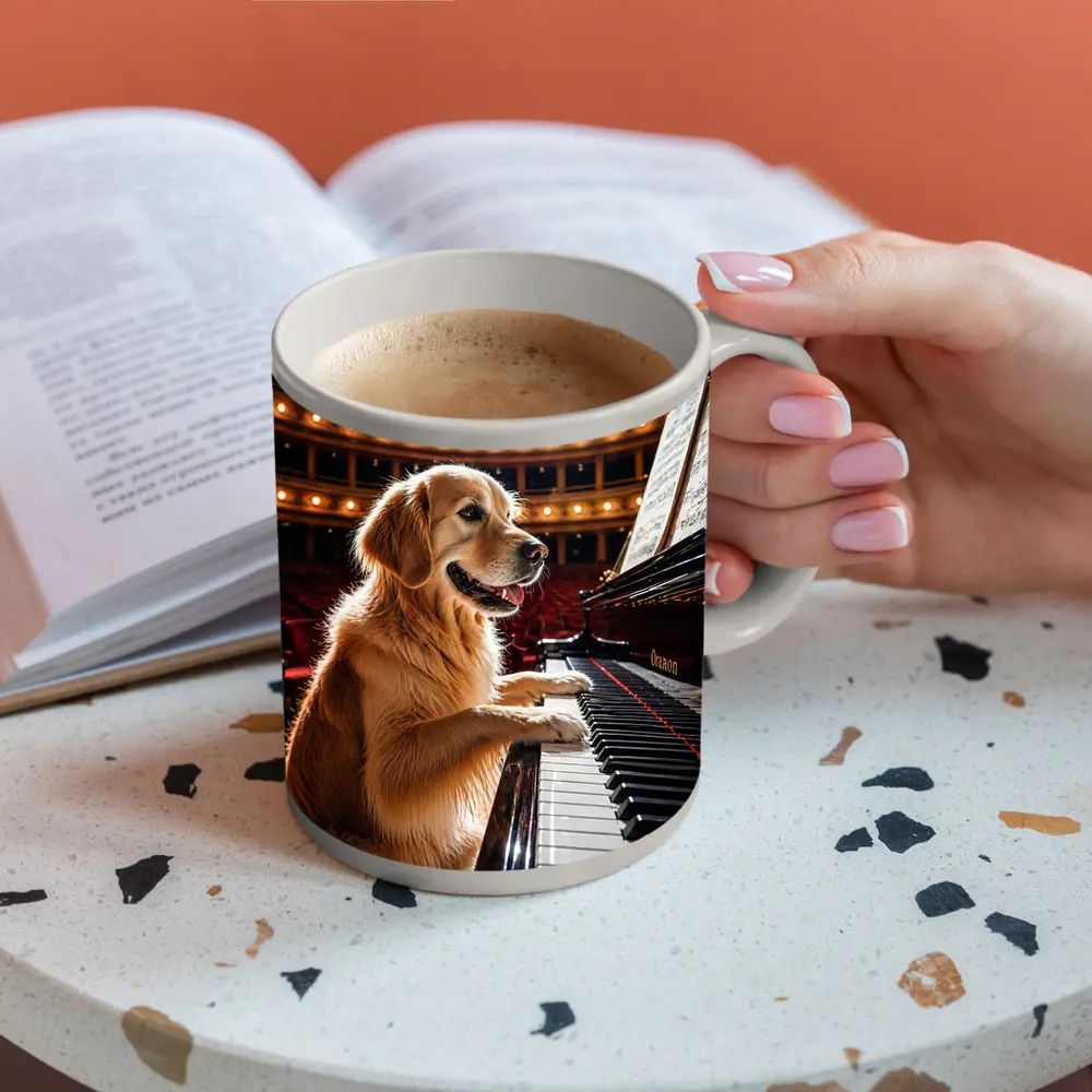 Golden Retriever Playing Piano Concert Hall – Mugs
