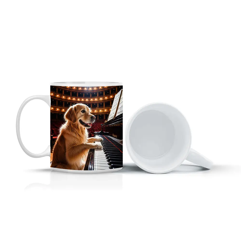 Golden Retriever Playing Piano Concert Hall – Mugs