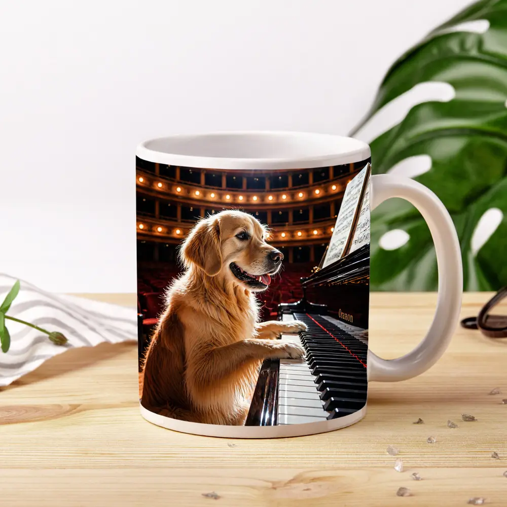Golden Retriever Playing Piano Concert Hall – Mugs